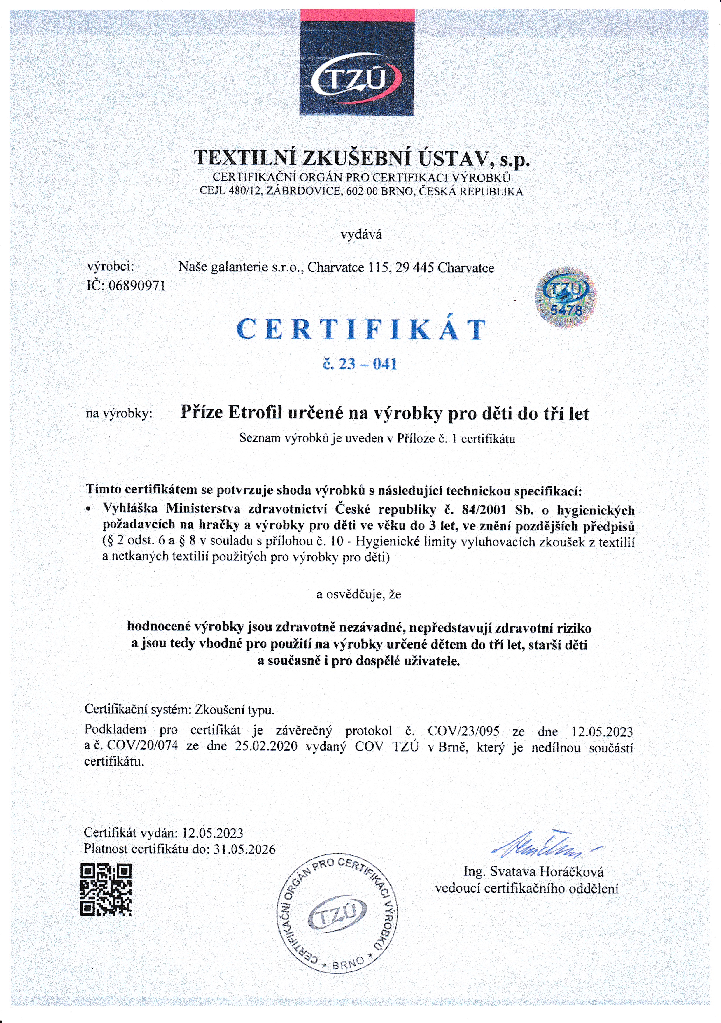 Certifikát Etrofil 1